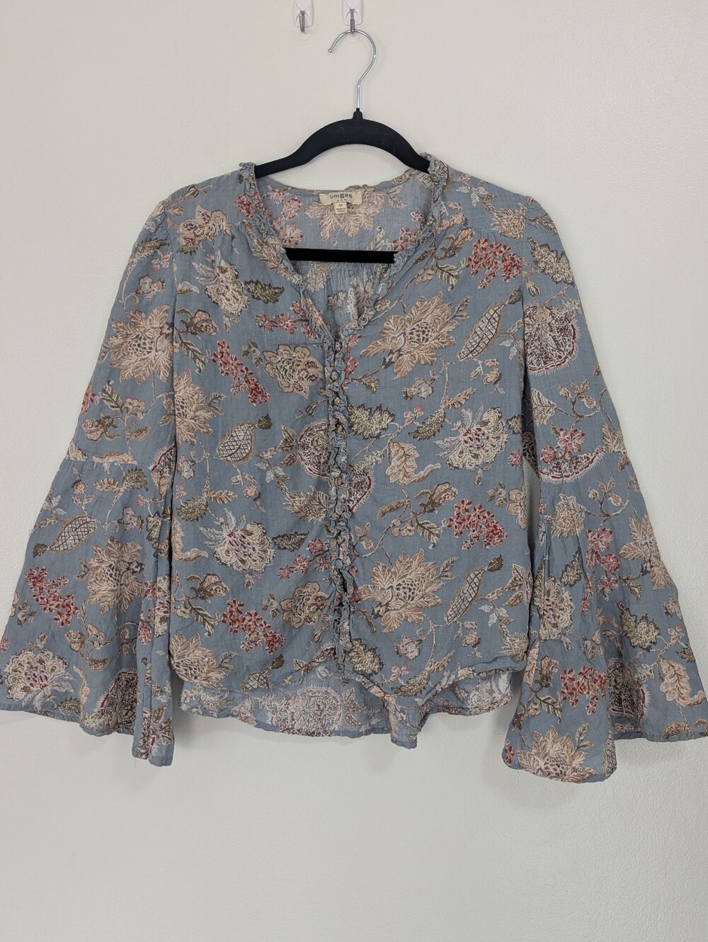 Umgee Dusty Blue Floral Boho Bell Sleeve Button Front Blouse Mediu
